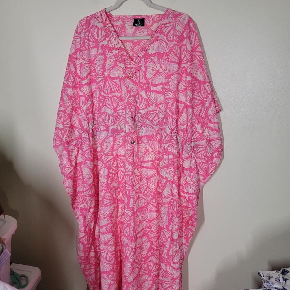 Vintage Shore Drive Kaftan Beach Cover Up Pink Butterfly Print